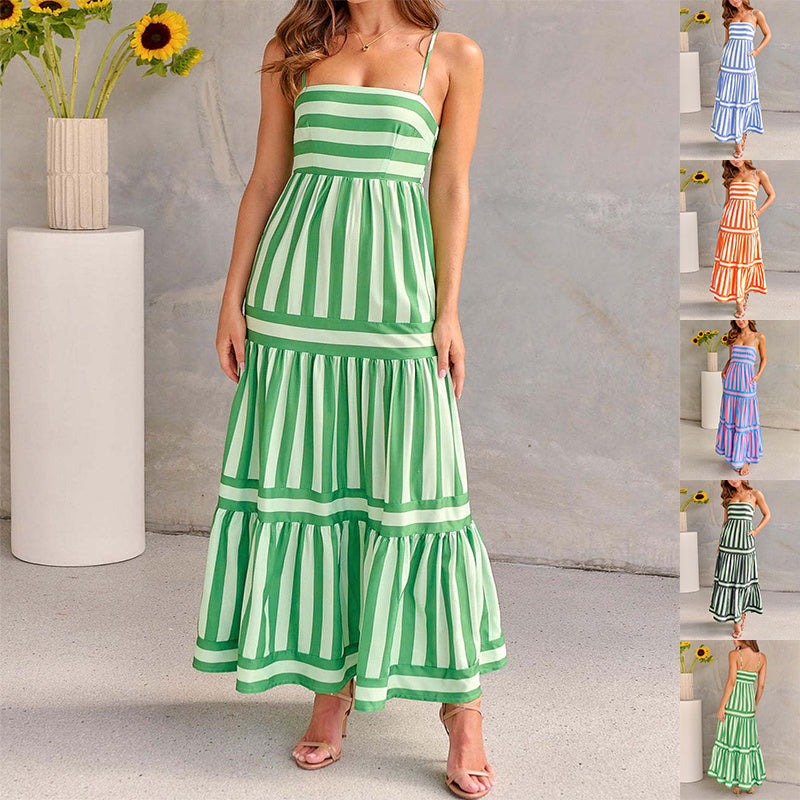 Robe d'été longue à rayures imprimées avec poches, encolure carrée et dos ouvert