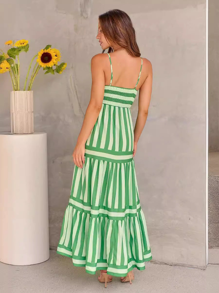 Robe d'été longue à rayures imprimées avec poches, encolure carrée et dos ouvert