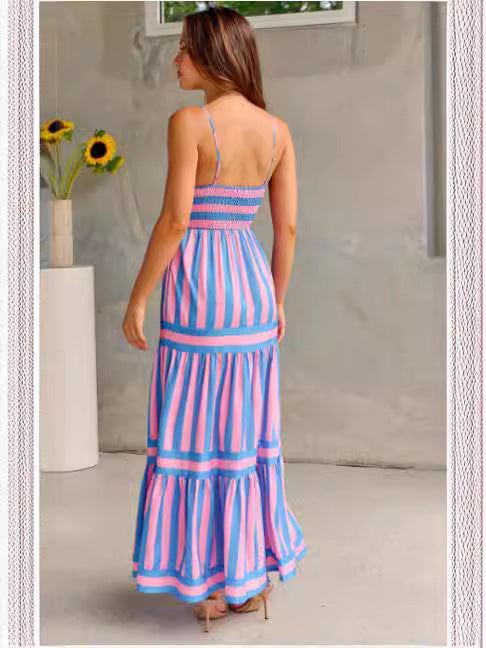Robe d'été longue à rayures imprimées avec poches, encolure carrée et dos ouvert
